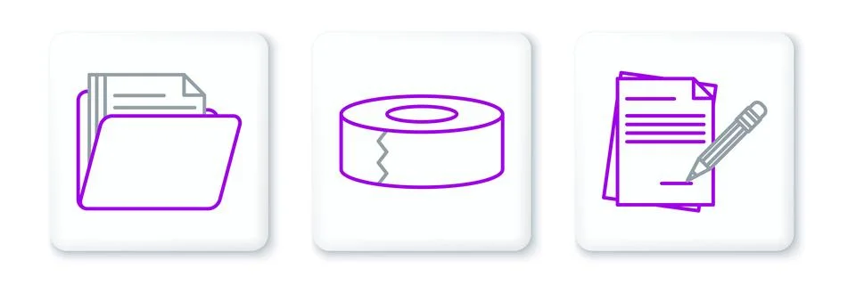 Set line Blank notebook and pencil with eraser, Document folder and Scotch icon Stock Illustration