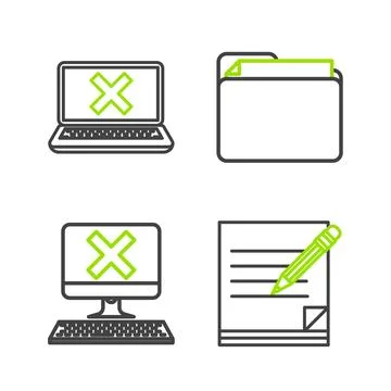 Set line Blank notebook and pencil with eraser, Computer keyboard x mark Stock Illustration
