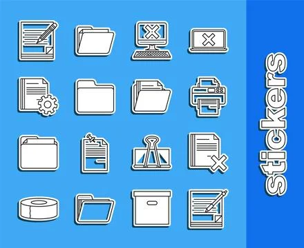 Set line Blank notebook and pen, Delete file document, Printer, Computer with Stock Illustration