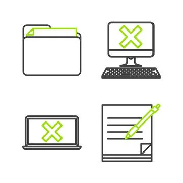 Set line Blank notebook and pen, Laptop cross mark on screen, Computer with 库存插图