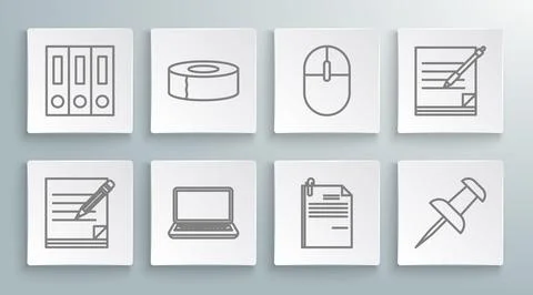Set line Blank notebook and pencil with eraser, Scotch, Laptop, File document Illustrazione stock