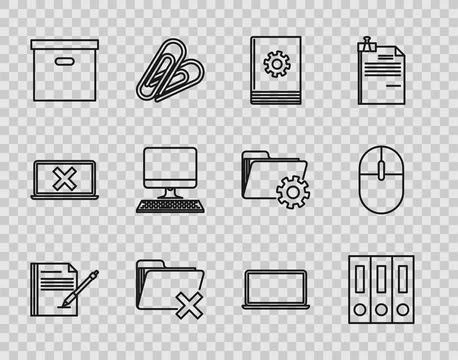 Set line Blank notebook and pen, Office folders with papers documents, User Stock Illustration