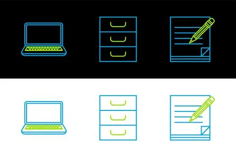 Set line Blank notebook and pencil with eraser, Laptop and Drawer documents icon Illustrazione stock