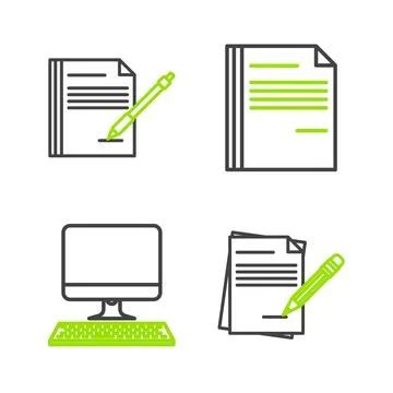 Set line Blank notebook and pencil with eraser, Computer monitor keyboard, File Stock Illustration