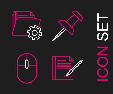 Set line Blank notebook and pen, Computer mouse, Push pin and Folder settin.. Stock Illustration