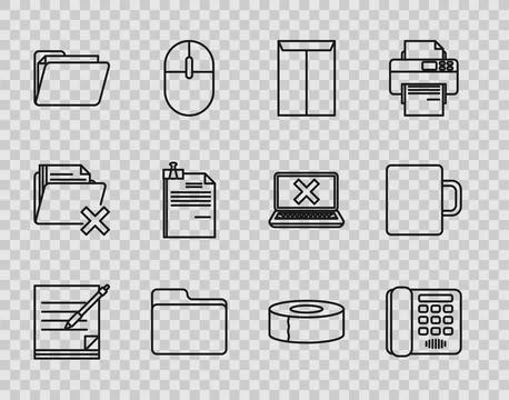 Set line Blank notebook and pen, Telephone, Envelope, Document folder, File.. Illustrazione stock