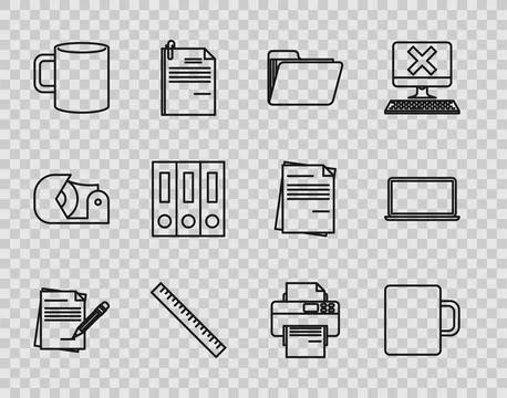 Set line Blank notebook and pencil with eraser, Coffee cup, Document folder.. 스톡 일러스트