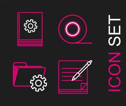 Set line Blank notebook and pen, Folder settings with gears, Scotch and Use.. Stock Illustration