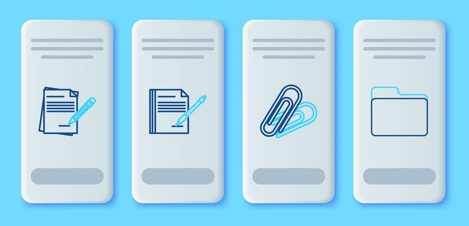 Set line Blank notebook and pen, Paper clip, pencil with eraser and Documen.. Stock Illustration