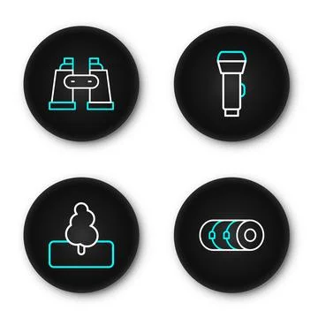 Set line Blanket roll, Tree, Flashlight and Binoculars icon. Vector Stock Illustration