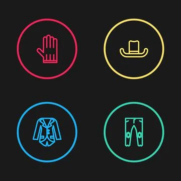 Set line Blazer or jacket, Pants, Man hat and Leather glove icon. Vector Illustrazione stock