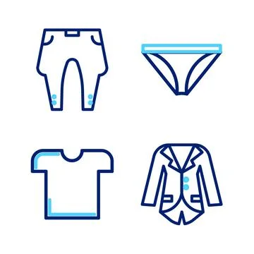 Set line Blazer or jacket, T-shirt, Men underpants and Pants icon. Vector Stock Illustration