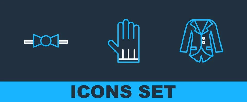 Set line Blazer or jacket, Bow tie and Leather glove icon. Vector Stock Illustration