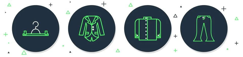 Set line Blazer or jacket, T-shirt, Hanger wardrobe and Pants icon. Vector Stock Illustration