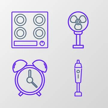 Set line Blender, Alarm clock, Electric fan and Gas stove icon. Vector Stock Illustration