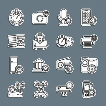 Set line Blender with bowl setting, Video camera, Printer, Microphone, Toaster Stock Illustration