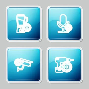 Set line Blender with bowl setting, Microphone, Security camera and Drill mac Stock Illustration