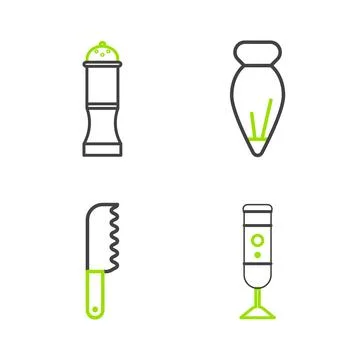 Set line Blender, Bread knife, Pastry bag for decorate cakes and Pepper ico.. Stock Illustration