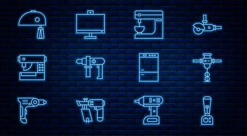 Set line Blender, Construction jackhammer, Electric mixer, drill machine, Sewing Illustrazione stock