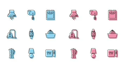 Set line Blender, Kitchen extractor fan, TV box receiver and player with re.. Stock Illustration