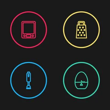 Set line Blender, Kitchen timer, Grater and Electronic scales icon. Vector Stock Illustration