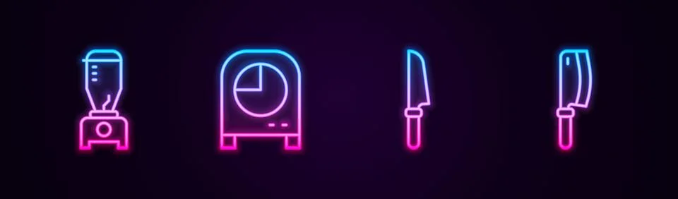 Set line Blender, Kitchen timer, Knife and Meat chopper. Glowing neon icon Stock Illustration