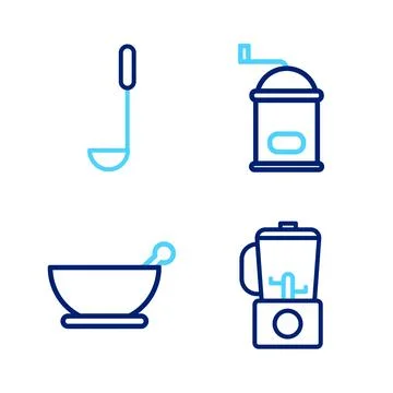 Set line Blender, Mortar and pestle, Manual coffee grinder and Kitchen ladl.. Stock Illustration