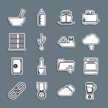 Set line Blender, Oven, Cloud upload, Ship, USB, Server, Data, Web Hosting, B Stock Illustration