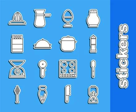 Set line Blender, Spoon, Pepper, Chicken egg a stand, Covered with tray of .. Stock Illustration