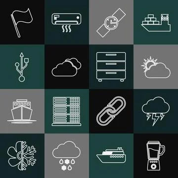 Set line Blender, Storm, Sun and cloud weather, Wrist watch, Cloud, USB, Flag Stock Illustration
