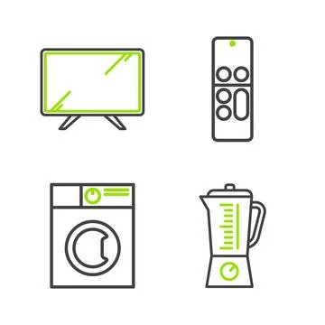 Set line Blender, Washer, Remote control and Smart Tv icon. Vector Stock Illustration