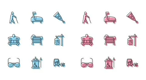 Set line Blind glasses, Elevator for disabled, human holding stick, Disabled car Illustrazione stock