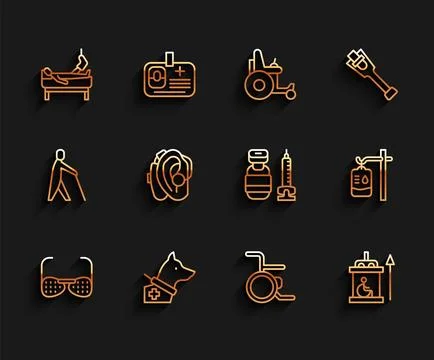 Set line Blind glasses, Guide dog, Patient with broken leg, Wheelchair, Elevator Stock Illustration