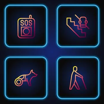 Set line Blind human holding stick, Dog wheelchair, Press the SOS button and Stock Illustration