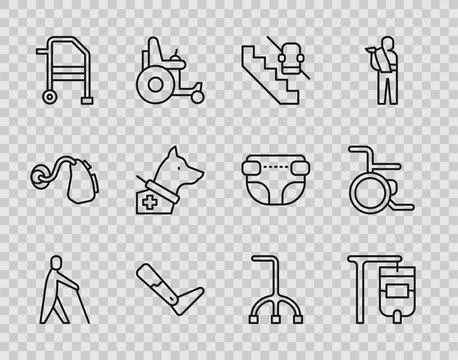 Set line Blind human holding stick, IV bag, Disabled elevator, Prosthesis leg Illustrazione stock