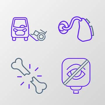 Set line Blindness, Human broken bone, Hearing aid and Disabled car icon. V.. Illustrazione stock