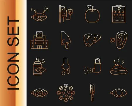 Set line Blindness, Shit, Deaf, Apple, Runny nose, Medical hospital buildin.. Ilustración de archivo