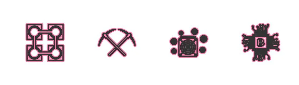 Set line Blockchain technology, ASIC Miner, Crossed pickaxe and CPU mining fa 스톡 일러스트