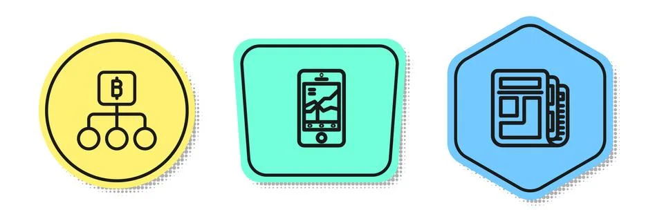 Set line Blockchain technology Bitcoin, Mobile stock trading and Stock market Stock Illustration