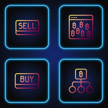 Set line Blockchain technology Bitcoin, Buy button, Sell and browser. Gradient Stock Illustration