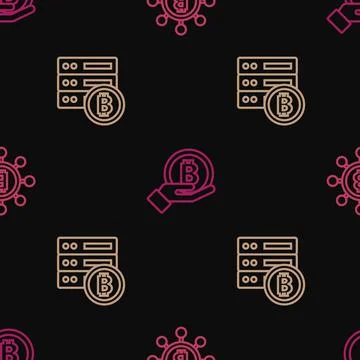 Set line Blockchain technology Bitcoin, Server bitcoin and Hand holding on Stock Illustration
