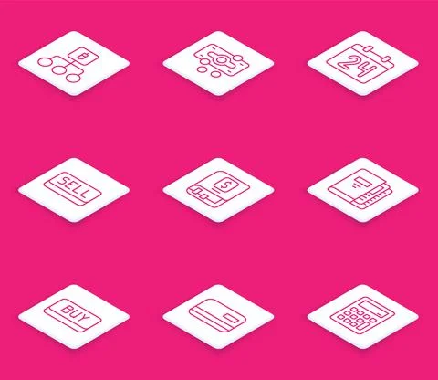 Set line Blockchain technology Bitcoin, Stacks paper money cash, Calendar, Sell Illustrazione stock