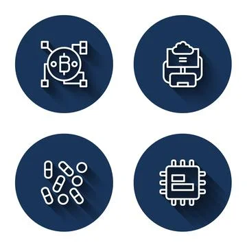 Set line Blockchain technology Bitcoin, Cloud database, Medical pill biohacking Stock Illustration