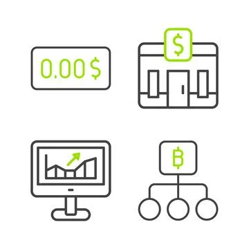 Set line Blockchain technology Bitcoin, Computer with growth graph, Bank 스톡 일러스트