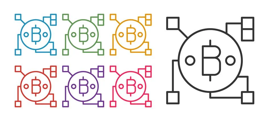 Set line Blockchain technology Bitcoin icon isolated on white background. Abs 스톡 일러스트