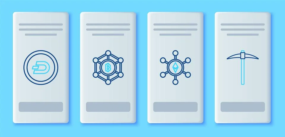 Set line Blockchain technology Bitcoin, Ethereum ETH, Cryptocurrency Dash and Stock Illustration