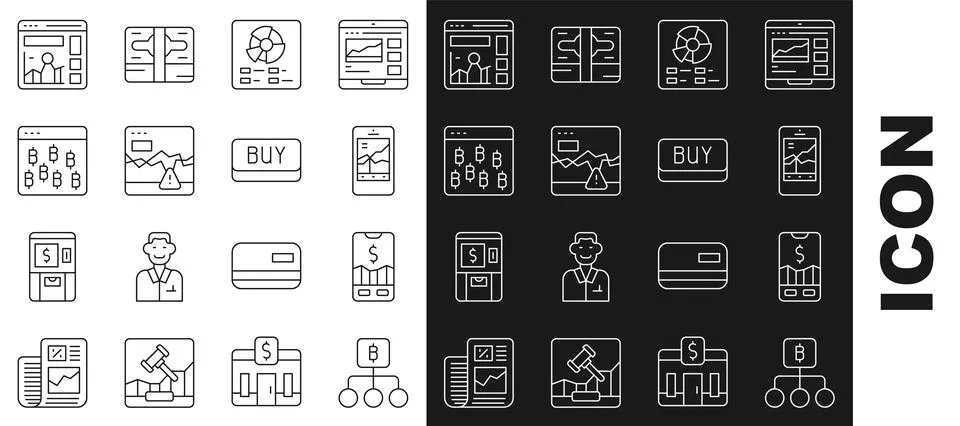Set line Blockchain technology Bitcoin, Mobile stock trading, Pie chart Stock Illustration