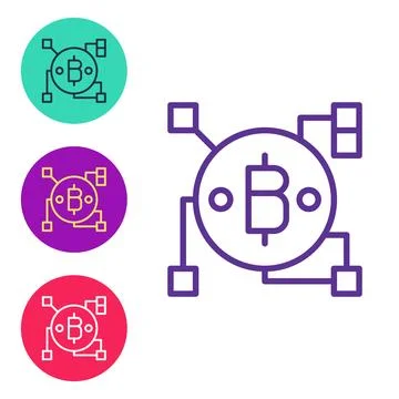 Set line Blockchain technology Bitcoin icon isolated on white background Illustrazione stock
