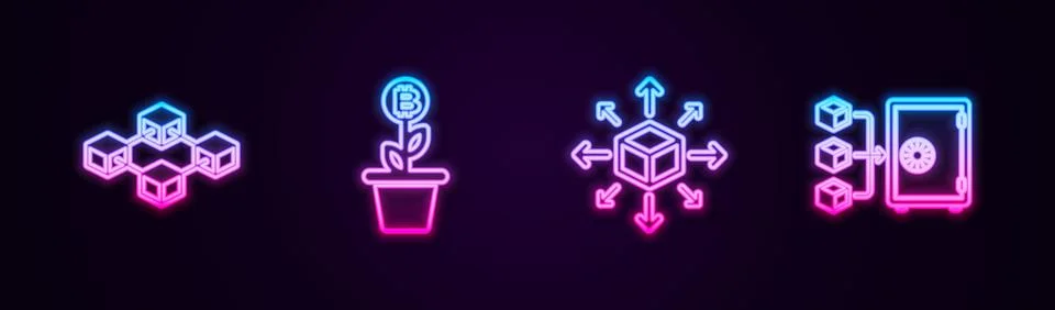 Set line Blockchain technology, Bitcoin plant the pot, Distribution and Proof of Stock Illustration