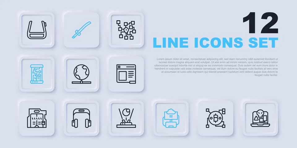 Set line Blockchain technology Bitcoin, Internet piracy, Global, Cloud data.. 库存插图